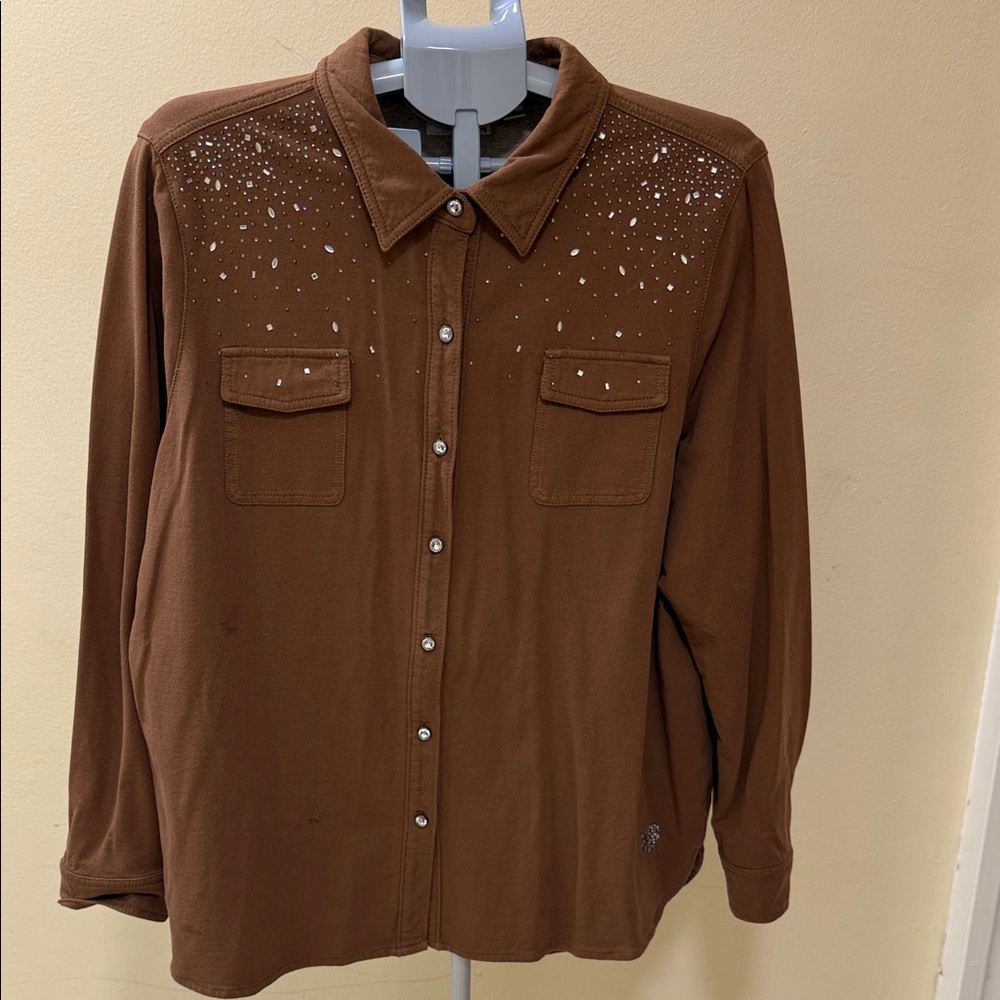 Brown Embellished Button-Up Blouse - Women